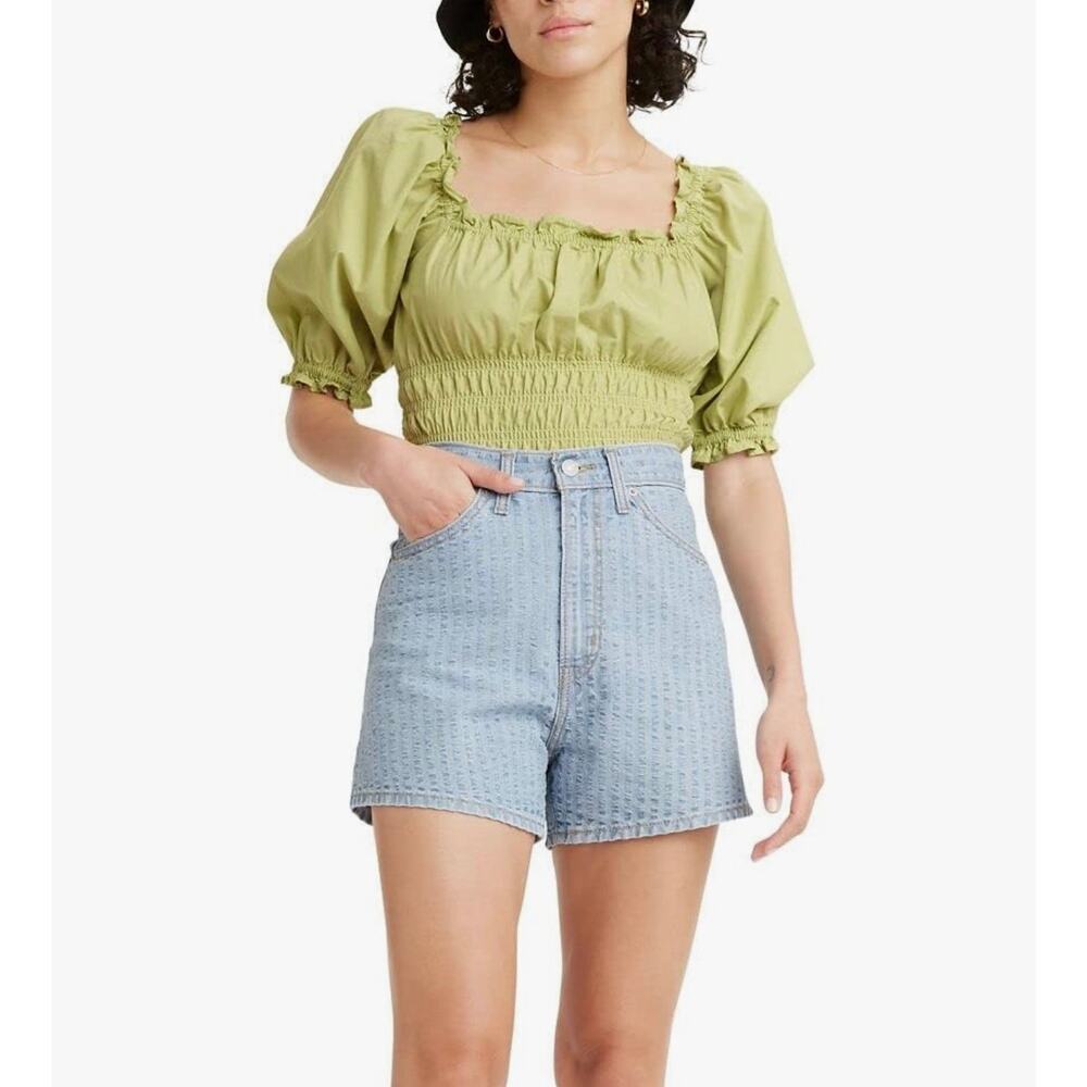 Levi's Women's Tilly Smocked Blouse Green Cropped Puff Sleeve Sz XS